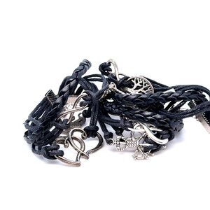 Black Braided Leather Charm‎ Bracelet Stack (d)